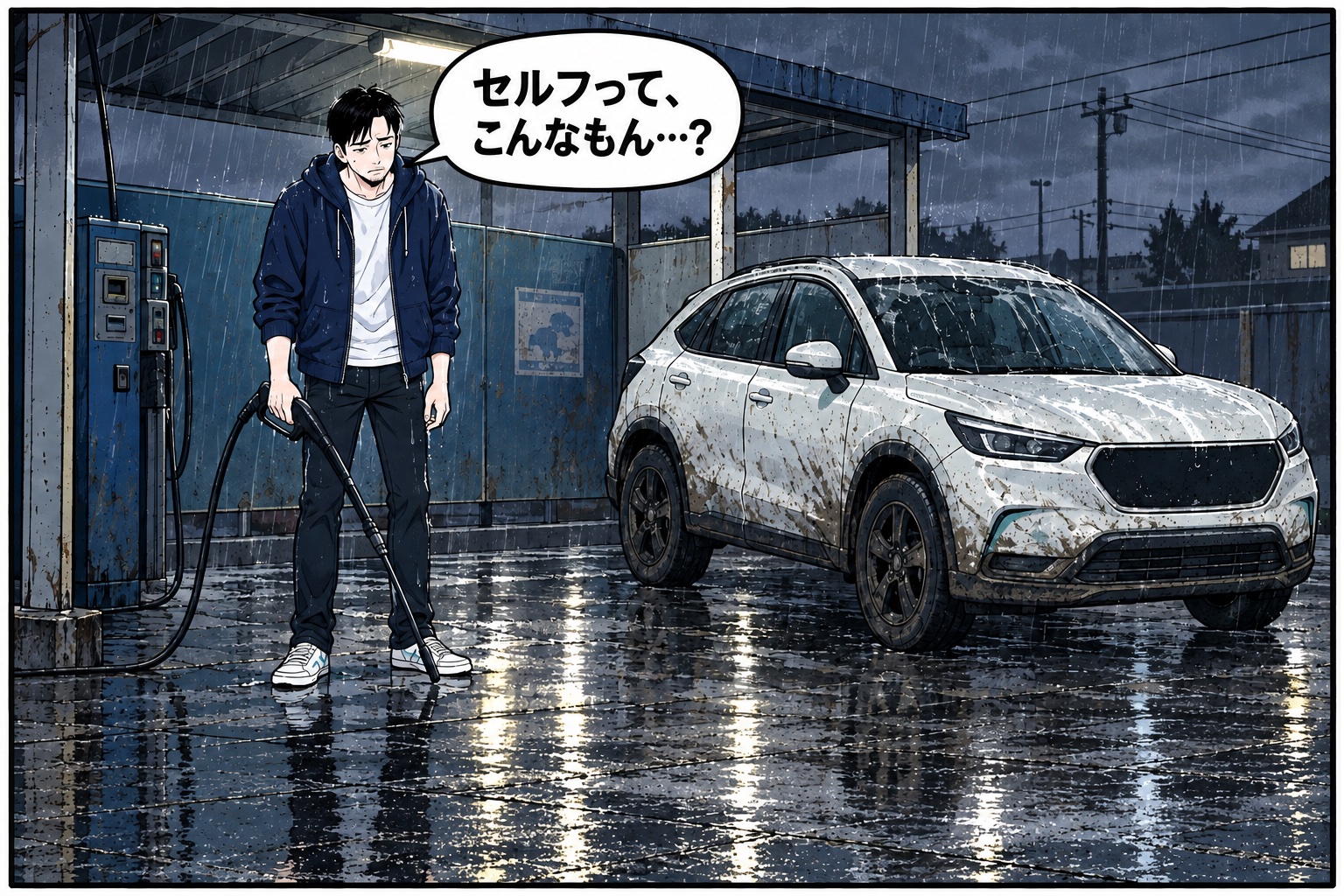 コマ1:雨の中、汚れた車の前で「セルフって、こんなもん…?」とつぶやく男性