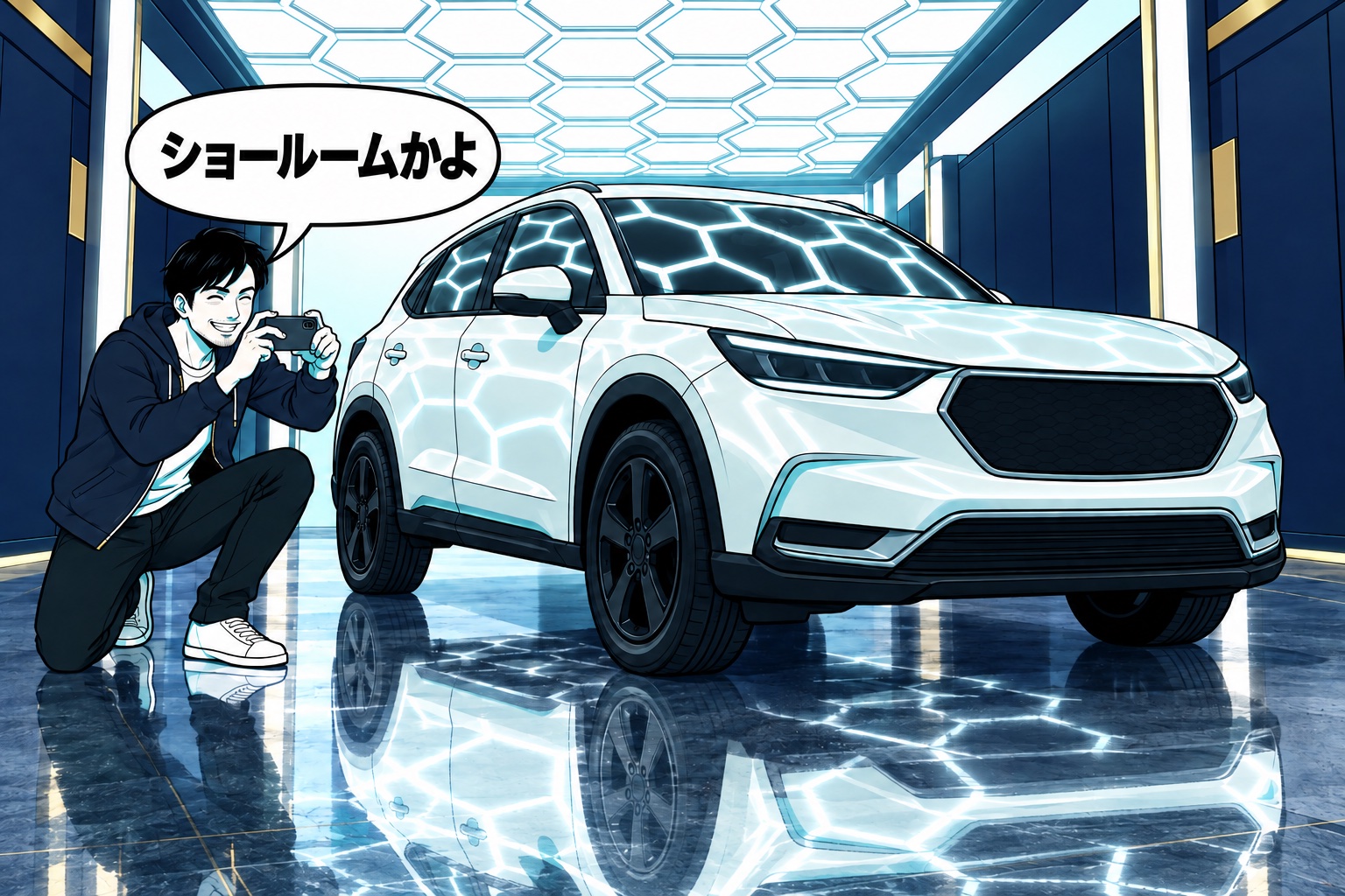 コマ7:ピカピカになった愛車を前に「ショールームかよ」